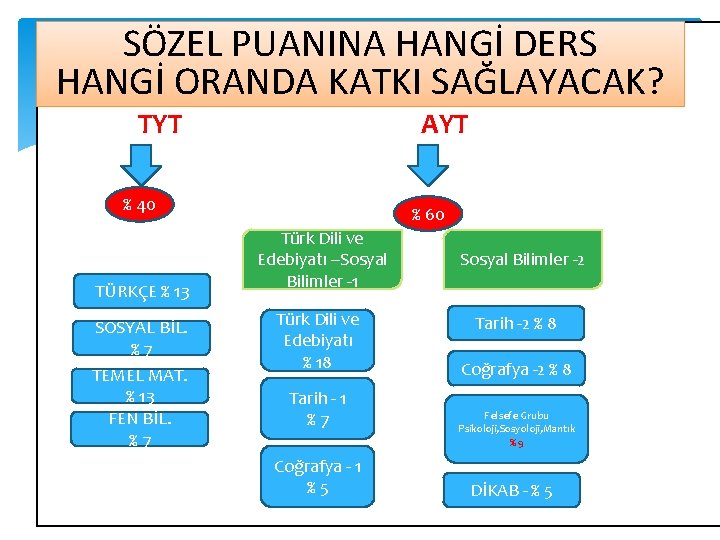 SÖZEL PUANINA HANGİ DERS HANGİ ORANDA KATKI SAĞLAYACAK? TYT AYT % 40 TÜRKÇE %