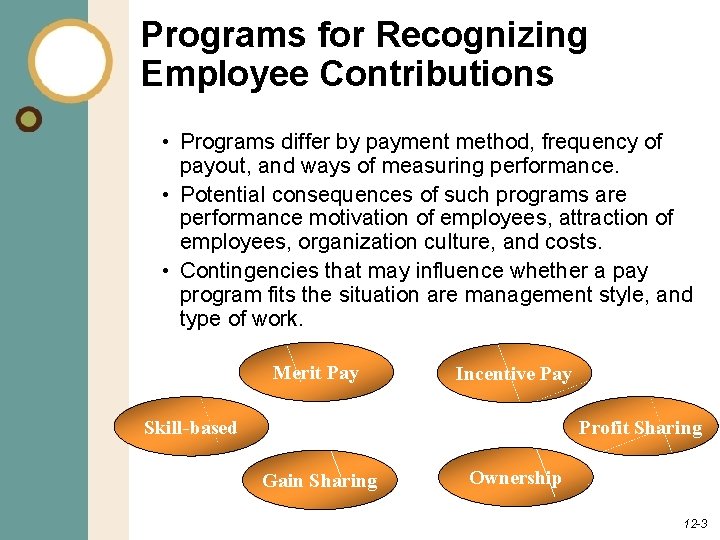 Programs for Recognizing Employee Contributions • Programs differ by payment method, frequency of payout,