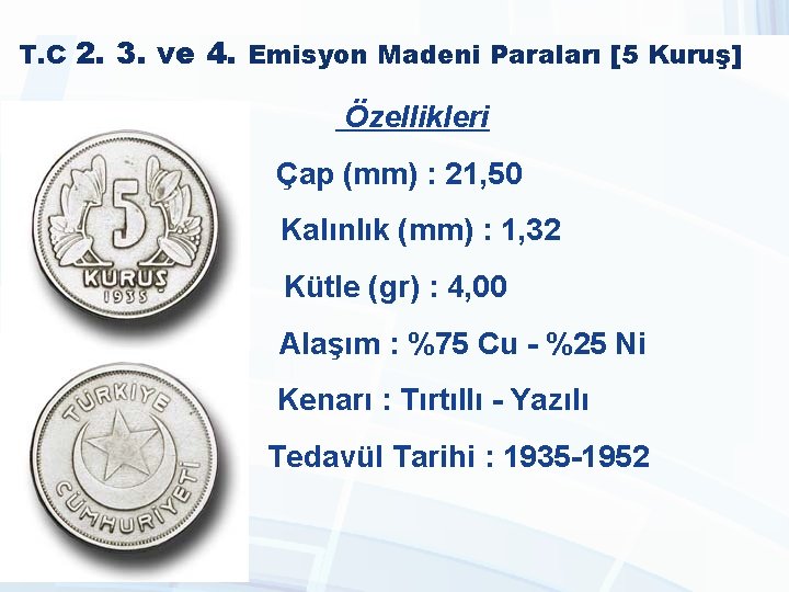 T. C 2. 3. ve 4. Emisyon Madeni Paraları [5 Kuruş] Özellikleri Çap (mm)