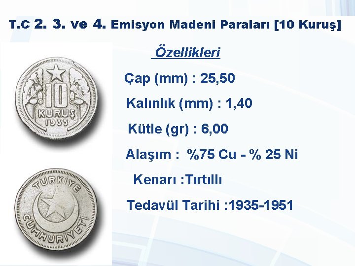 T. C 2. 3. ve 4. Emisyon Madeni Paraları [10 Kuruş] Özellikleri Çap (mm)
