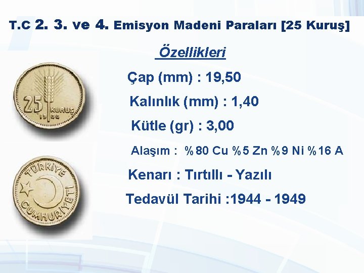 T. C 2. 3. ve 4. Emisyon Madeni Paraları [25 Kuruş] Özellikleri Çap (mm)