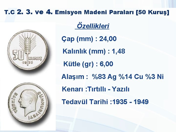 T. C 2. 3. ve 4. Emisyon Madeni Paraları [50 Kuruş] Özellikleri Çap (mm)
