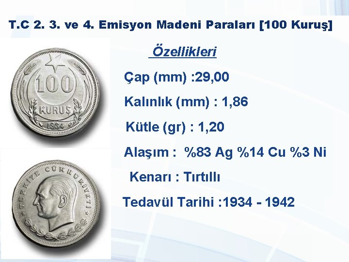 T. C 2. 3. ve 4. Emisyon Madeni Paraları [100 Kuruş] Özellikleri Çap (mm)