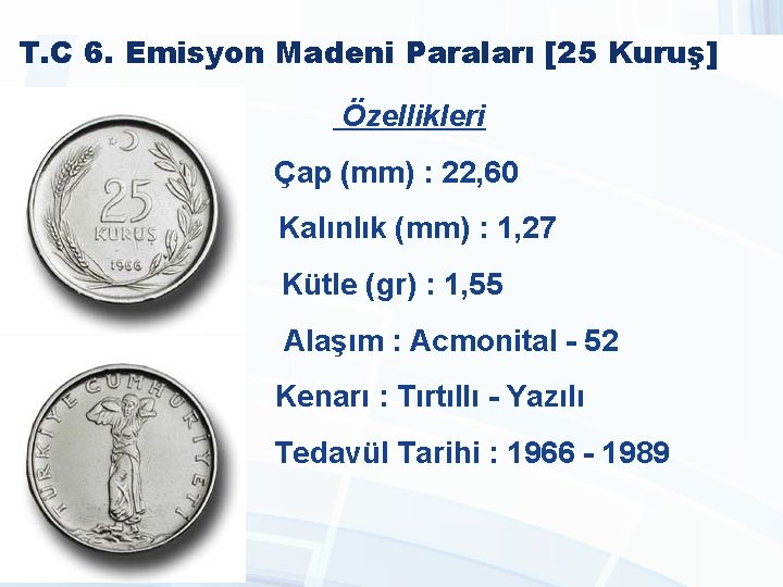 T. C 6. Emisyon Madeni Paraları [25 Kuruş] Özellikleri Çap (mm) : 22, 60