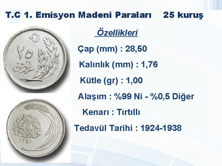 T. C 1. Emisyon Madeni Paraları 25 kuruş Özellikleri Çap (mm) : 28, 50 T. C 1. Emisyon Madeni Paraları 25 kuruş Özellikleri Çap (mm) : 28, 50