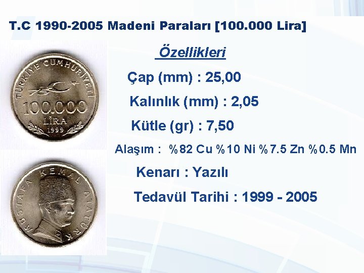 T. C 1990 -2005 Madeni Paraları [100. 000 Lira] Özellikleri Çap (mm) : 25,
