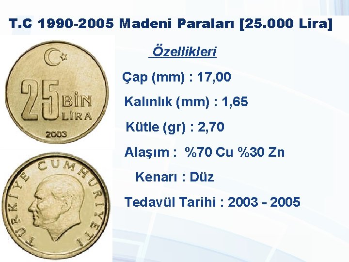 T. C 1990 -2005 Madeni Paraları [25. 000 Lira] Özellikleri Çap (mm) : 17,