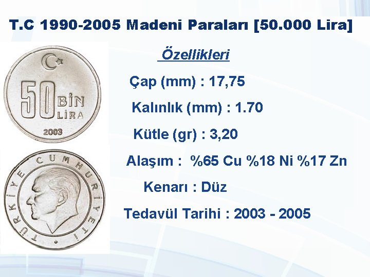 T. C 1990 -2005 Madeni Paraları [50. 000 Lira] Özellikleri Çap (mm) : 17,