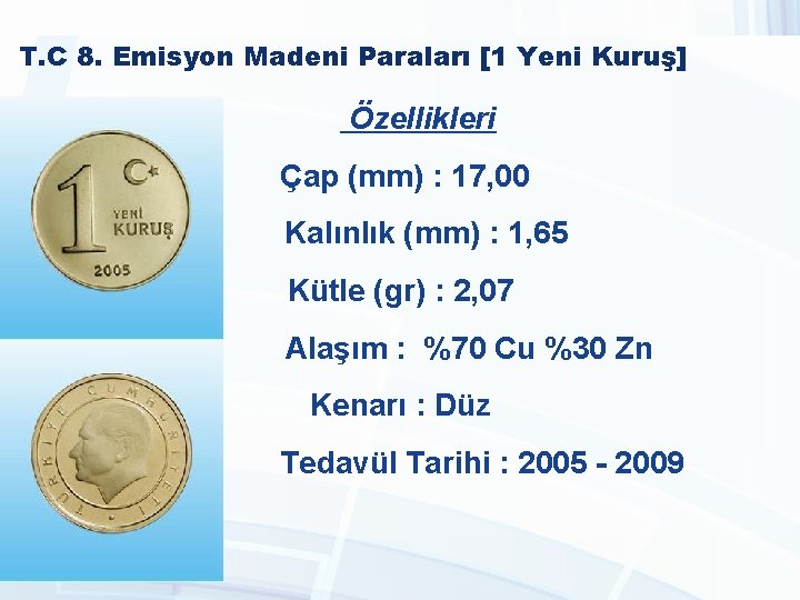 T. C 8. Emisyon Madeni Paraları [1 Yeni Kuruş] Özellikleri Çap (mm) : 17,
