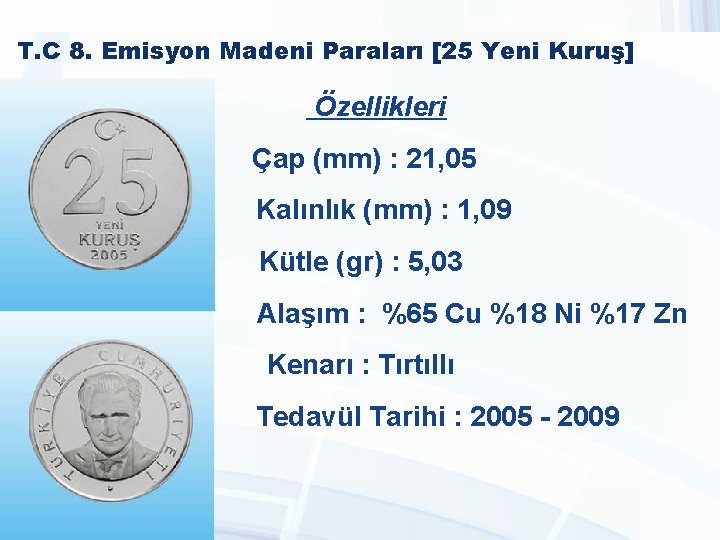 T. C 8. Emisyon Madeni Paraları [25 Yeni Kuruş] Özellikleri Çap (mm) : 21,