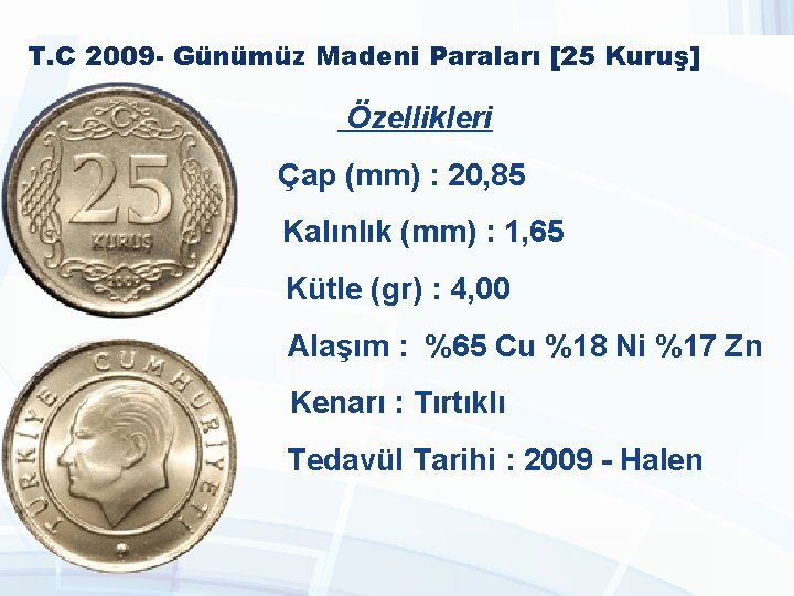 T. C 2009 - Günümüz Madeni Paraları [25 Kuruş] Özellikleri Çap (mm) : 20,