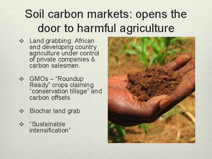 Soil carbon markets: opens the door to harmful agriculture v Land grabbing: African and