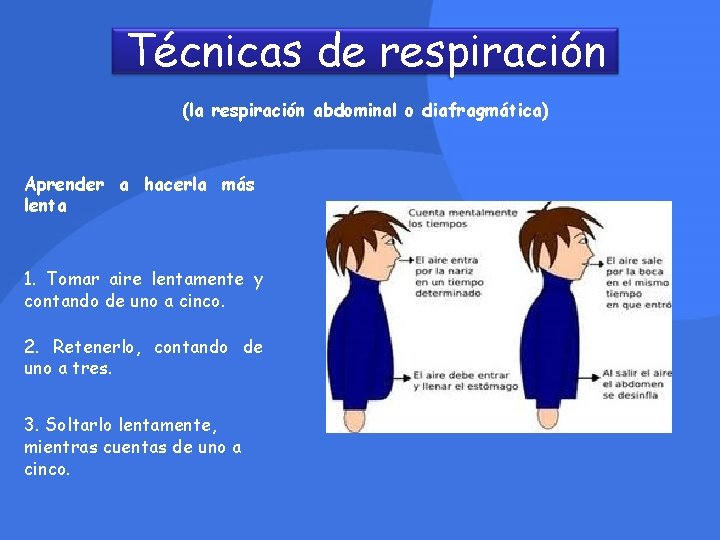 Técnicas de respiración (la respiración abdominal o diafragmática) Aprender a hacerla más lenta 1.