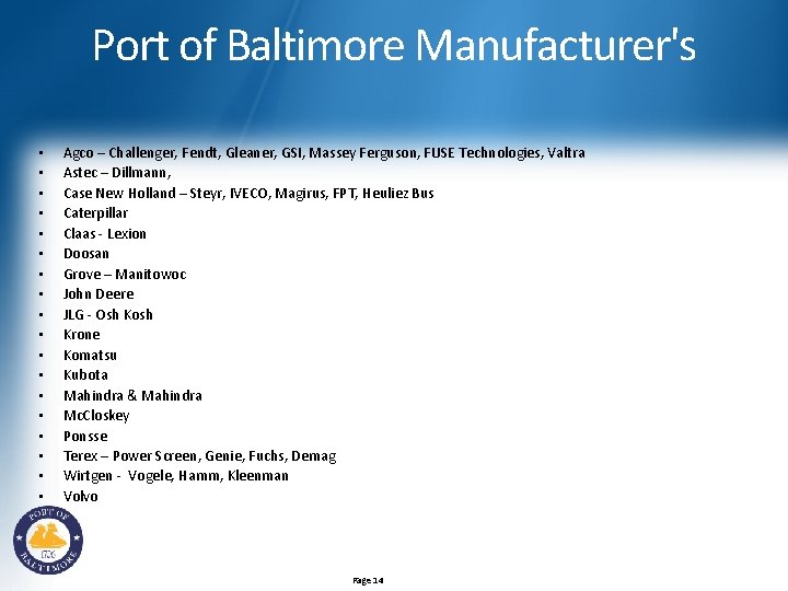 Port of Baltimore Manufacturer's • • • • • Agco – Challenger, Fendt, Gleaner,