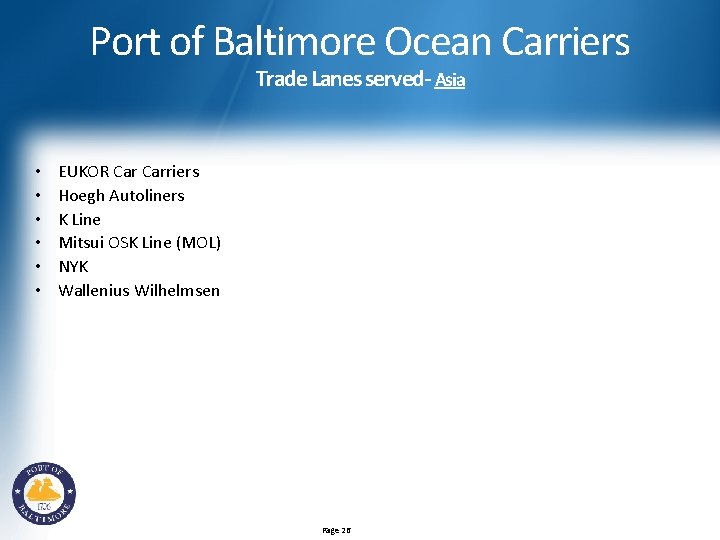 Port of Baltimore Ocean Carriers Trade Lanes served- Asia • • • EUKOR Carriers