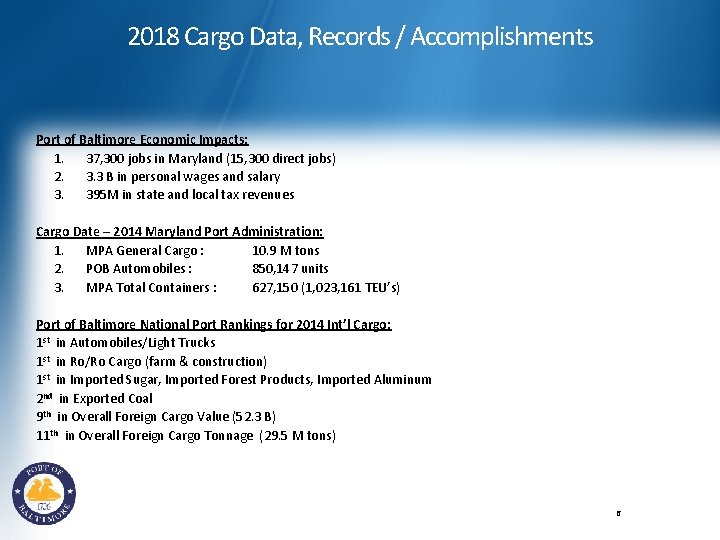 2018 Cargo Data, Records / Accomplishments Port of Baltimore Economic Impacts: 1. 37, 300