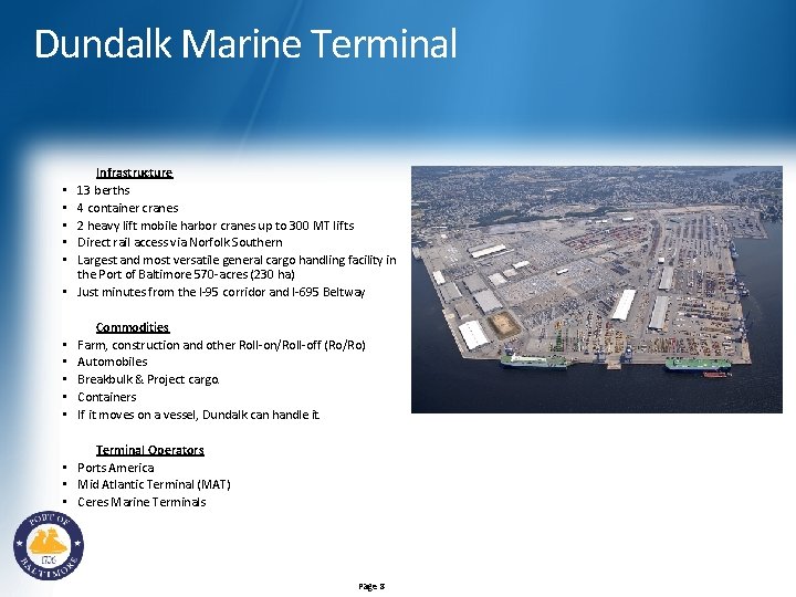 Dundalk Marine Terminal Infrastructure 13 berths 4 container cranes 2 heavy lift mobile harbor