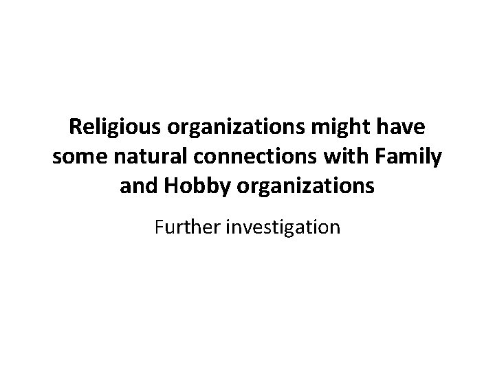 Religious organizations might have some natural connections with Family and Hobby organizations Further investigation