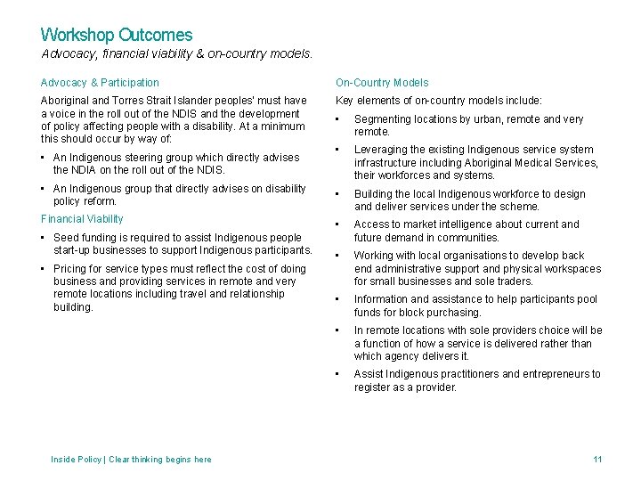 Workshop Outcomes Advocacy, financial viability & on-country models. Advocacy & Participation On-Country Models Aboriginal