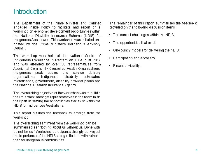Introduction The Department of the Prime Minister and Cabinet engaged Inside Policy to facilitate