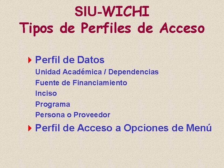 SIU-WICHI Tipos de Perfiles de Acceso 4 Perfil de Datos Unidad Académica / Dependencias