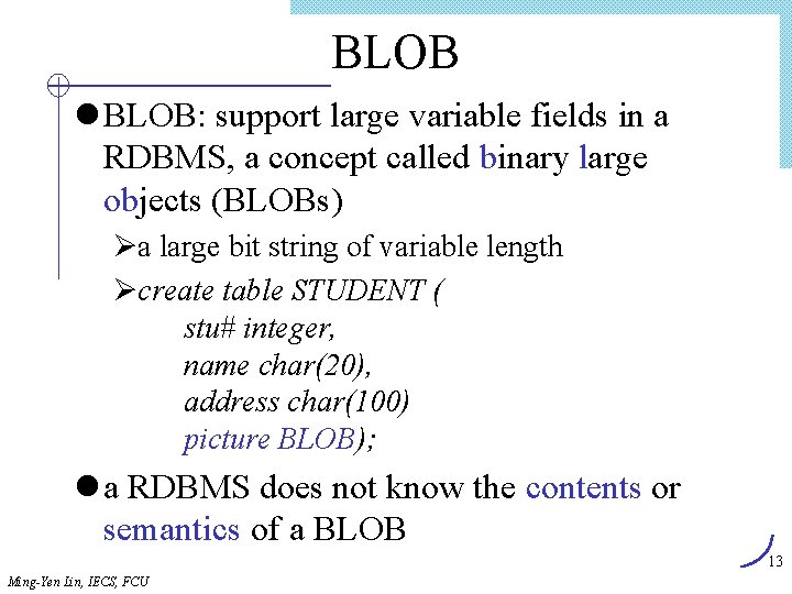 BLOB l BLOB: support large variable fields in a RDBMS, a concept called binary