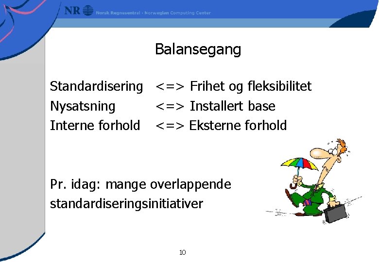 Balansegang Standardisering <=> Frihet og fleksibilitet Nysatsning <=> Installert base Interne forhold <=> Eksterne