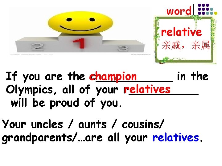 word relative 亲戚，亲属 If you are the champion c______ in the relatives Olympics, all