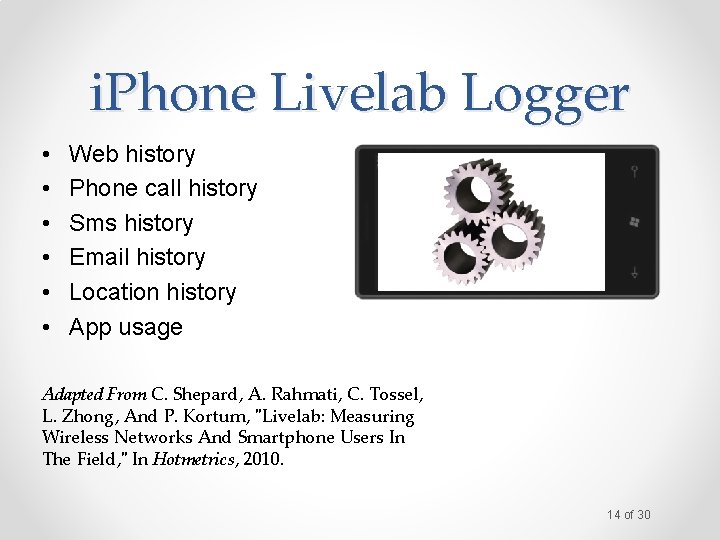 i. Phone Livelab Logger • • • Web history Phone call history Sms history