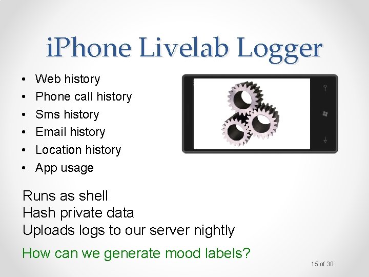 i. Phone Livelab Logger • • • Web history Phone call history Sms history