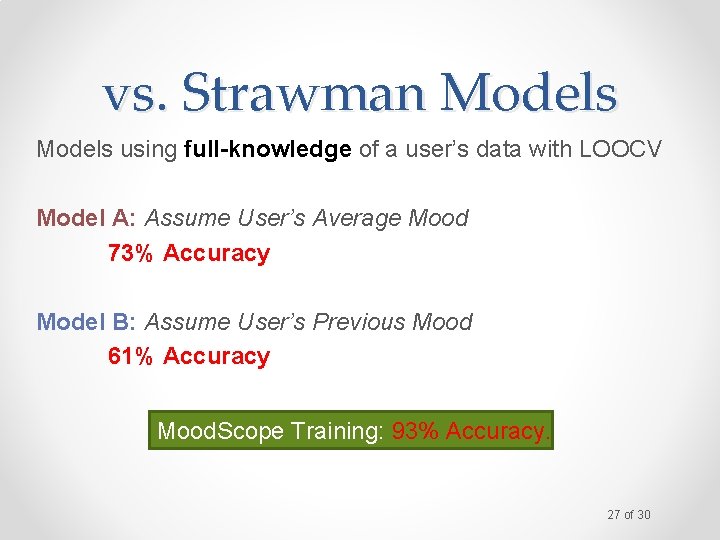 vs. Strawman Models using full-knowledge of a user’s data with LOOCV Model A: Assume