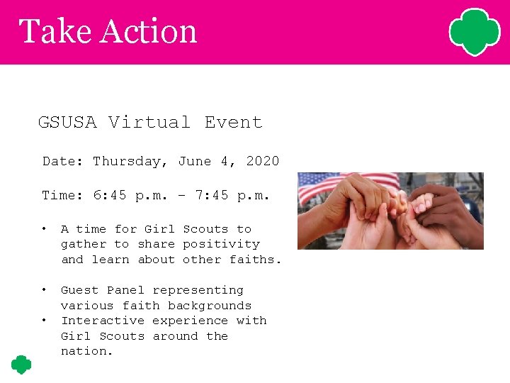 Take Action GSUSA Virtual Event Date: Thursday, June 4, 2020 Time: 6: 45 p. Take Action GSUSA Virtual Event Date: Thursday, June 4, 2020 Time: 6: 45 p.
