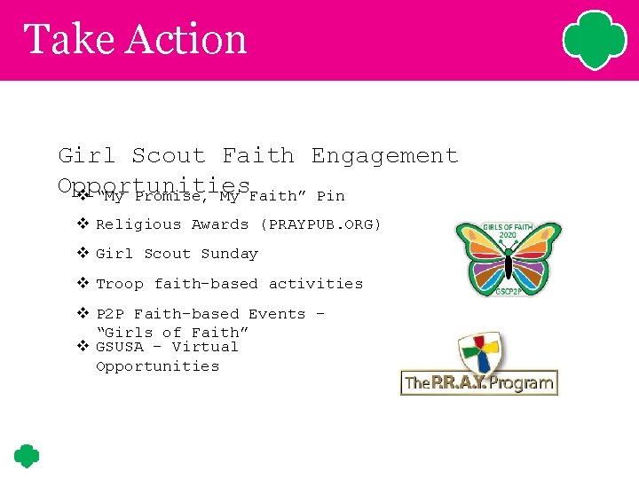 Take Action Girl Scout Faith Engagement Opportunities v “My Promise, My Faith” Pin v Take Action Girl Scout Faith Engagement Opportunities v “My Promise, My Faith” Pin v