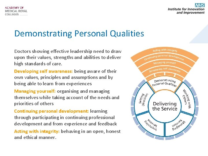 Demonstrating Personal Qualities Doctors showing effective leadership need to draw upon their values, strengths