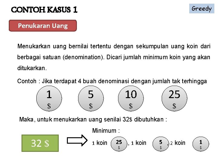 CONTOH KASUS 1 Greedy Penukaran Uang Menukarkan uang bernilai tertentu dengan sekumpulan uang koin