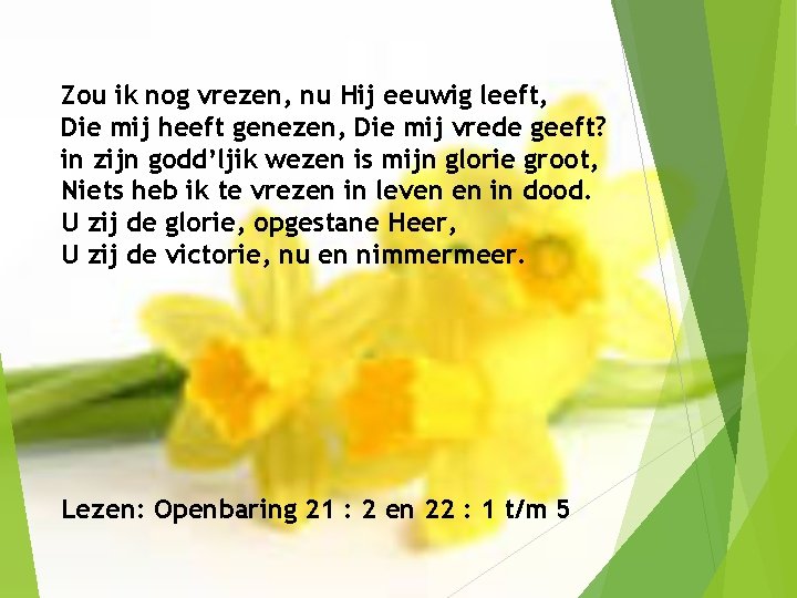 Zou ik nog vrezen, nu Hij eeuwig leeft, Die mij heeft genezen, Die mij