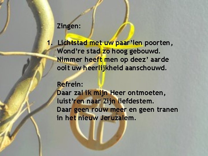Zingen: 1. Lichtstad met uw paar’len poorten, Wond’re stad zo hoog gebouwd. Nimmer heeft
