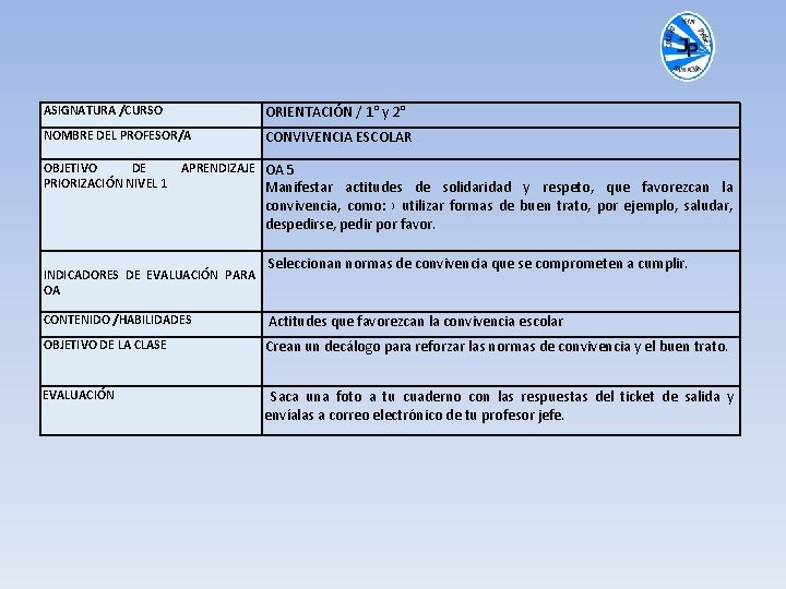 ASIGNATURA /CURSO ORIENTACIÓN / 1° y 2° NOMBRE DEL PROFESOR/A CONVIVENCIA ESCOLAR OBJETIVO DE