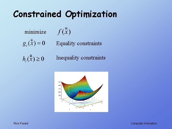 Constrained Optimization minimize Equality constraints Inequality constraints Rick Parent Computer Animation 
