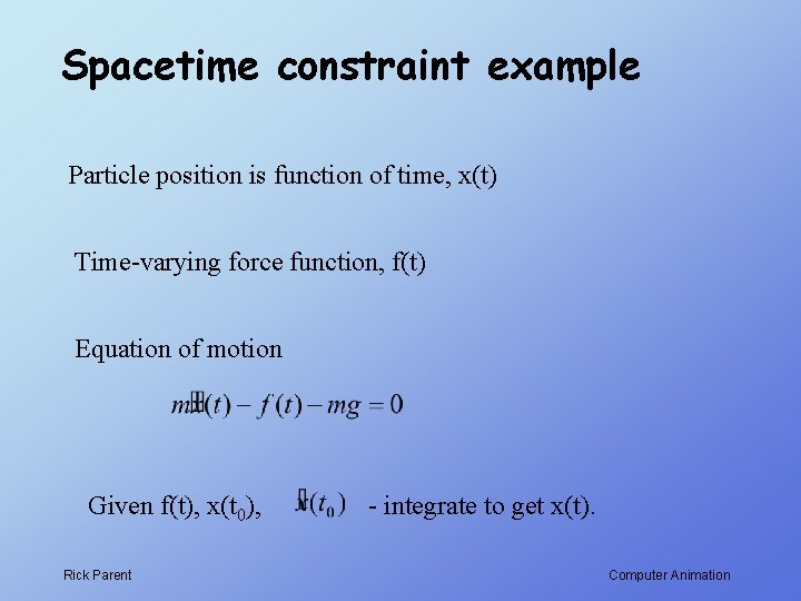 Spacetime constraint example Particle position is function of time, x(t) Time-varying force function, f(t)