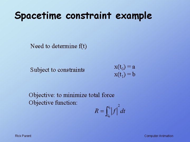 Spacetime constraint example Need to determine f(t) Subject to constraints x(t 0) = a