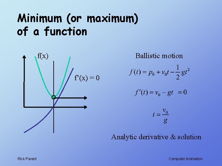Minimum (or maximum) of a function f(x) Ballistic motion f’(x) = 0 Analytic derivative