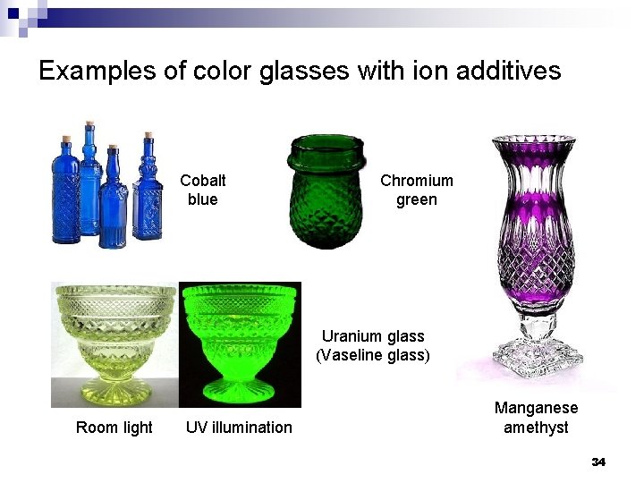 Examples of color glasses with ion additives Cobalt blue Chromium green Uranium glass (Vaseline