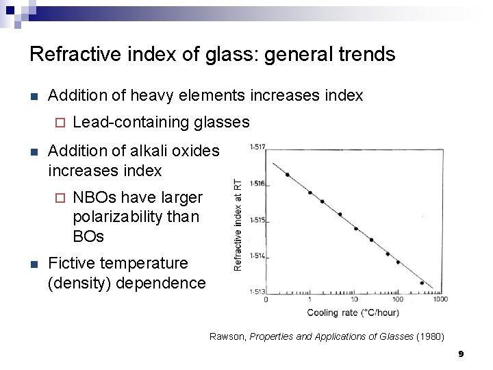 Refractive index of glass: general trends n Addition of heavy elements increases index ¨