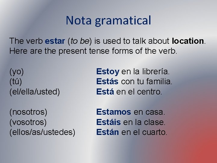 Nota gramatical The verb estar (to be) is used to talk about location. Here