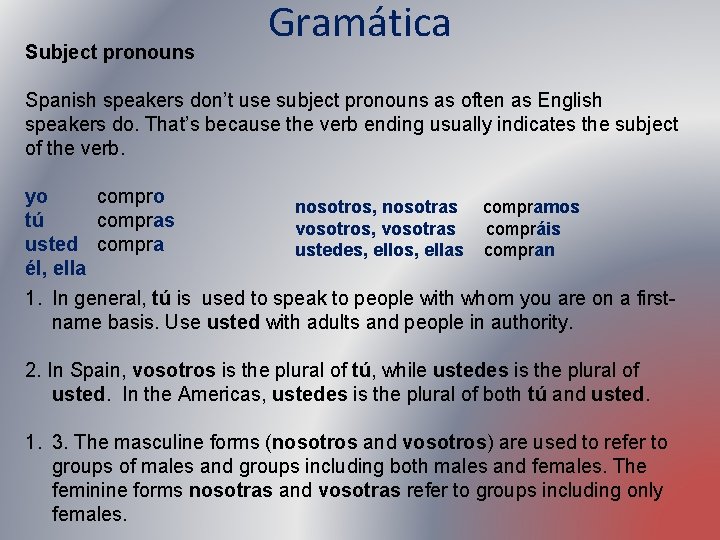 Subject pronouns Gramática Spanish speakers don’t use subject pronouns as often as English speakers