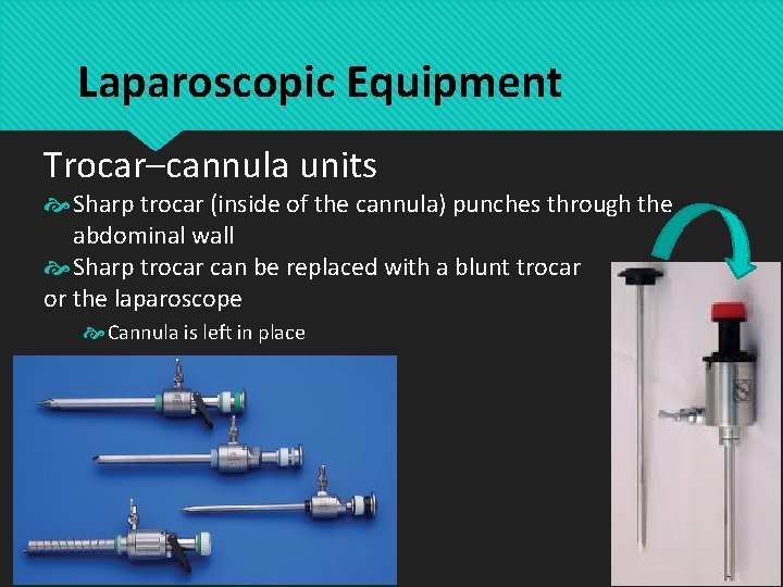Laparoscopic Equipment Trocar–cannula units Sharp trocar (inside of the cannula) punches through the abdominal