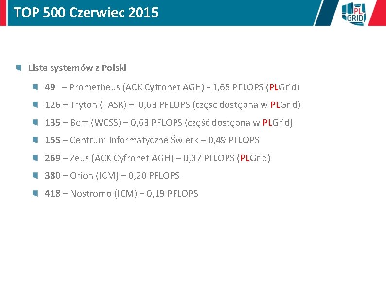 TOP 500 Czerwiec 2015 Lista systemów z Polski 49 – Prometheus (ACK Cyfronet AGH)