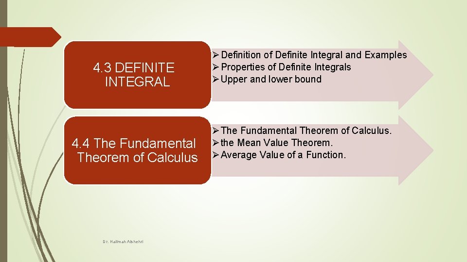 4. 3 DEFINITE INTEGRAL 4. 4 The Fundamental Theorem of Calculus Dr. Halimah Alshehri