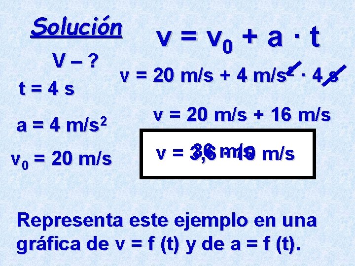 Solución v = v 0 + a · t V–? v = 20 m/s